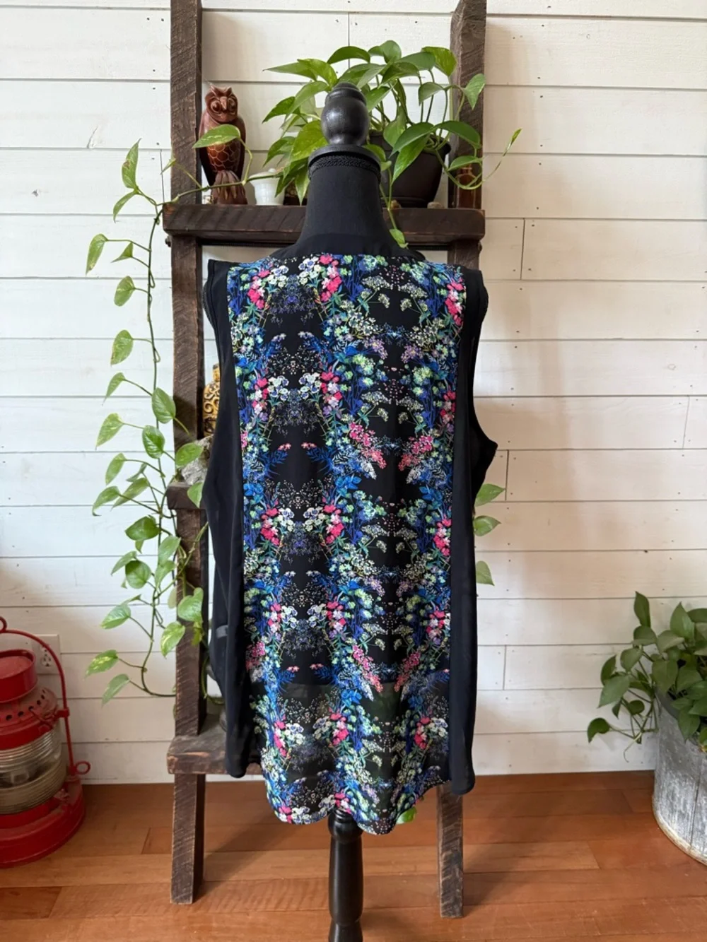 Nicole Miller: Long Black BoHo Flowy Floral Button Down Blouse